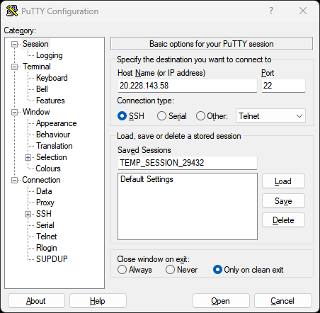 PuTTY host configuration